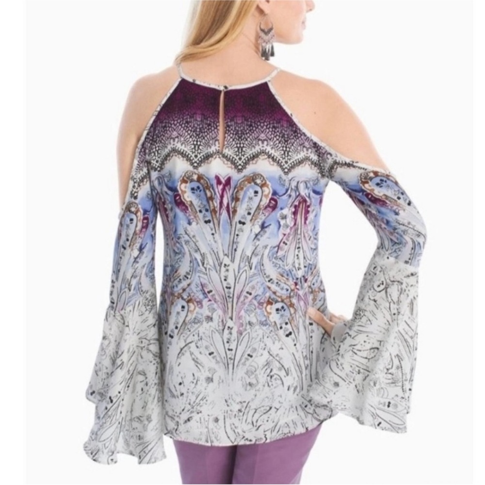 WHITE HOUSE BLACK MARKET Blouse Big Bell Sleeves Cold Shoulder Lined Top… - Picture 3 of 9